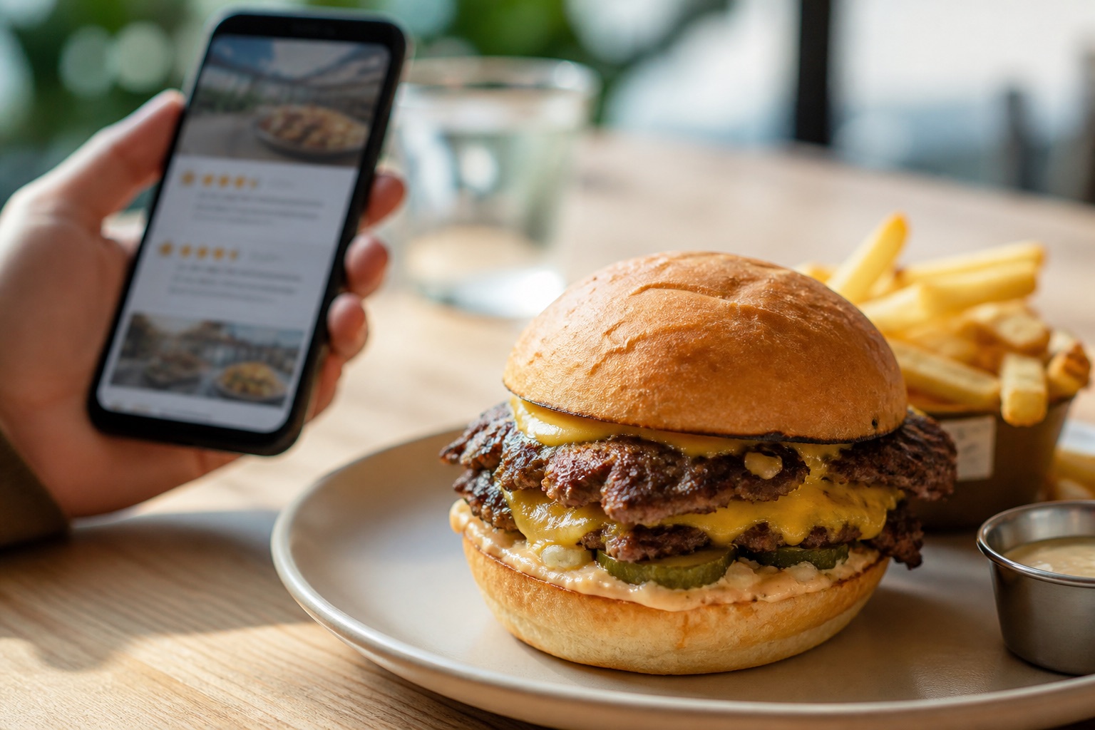 Smash burger accompagné d’avis clients consultés sur smartphone